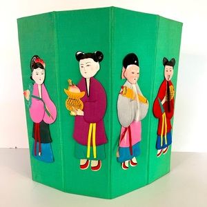 RARE VINTAGE CHINESE 8 IMMORTALS HANDCRAFTED GREEN SILK COVERED OCTAGON …